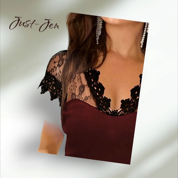Casual Elegant Fashion Contrast Lace Top in  Stunning Burgundy Wine Color - Picture 10 of 11
